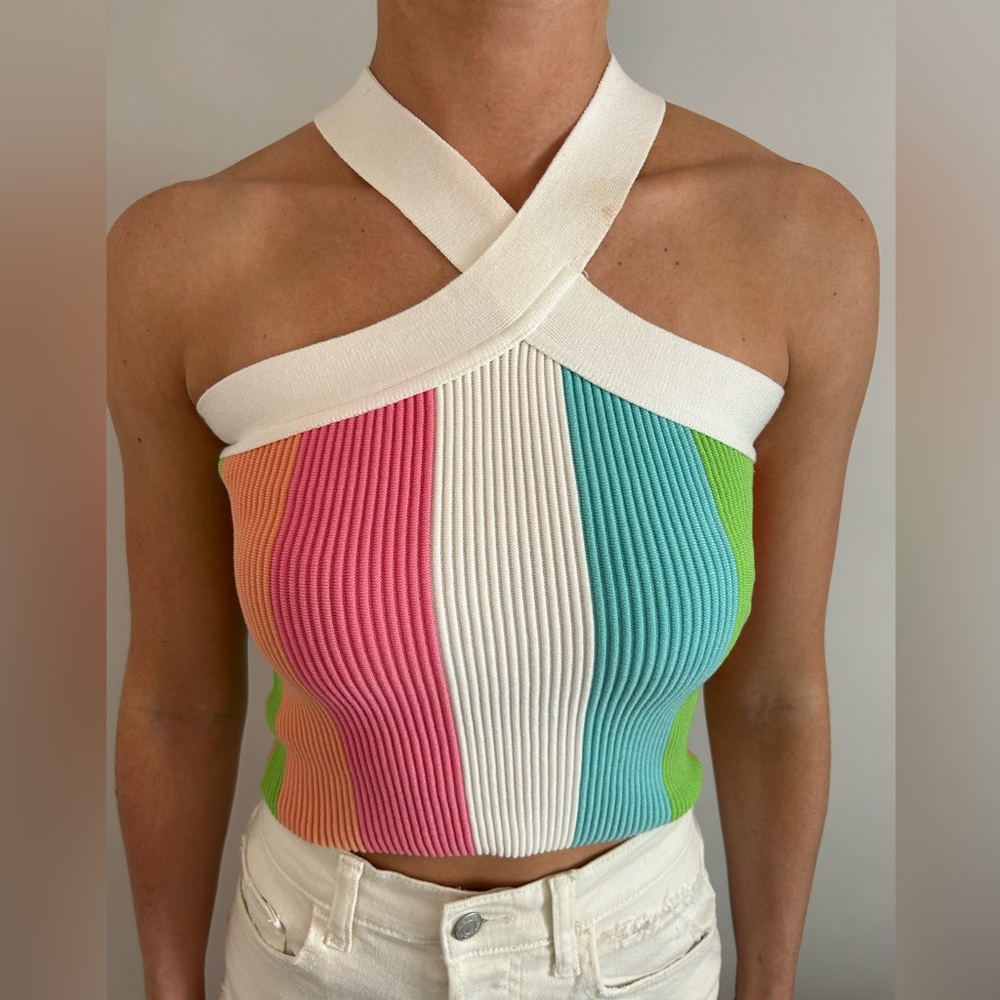 TASTE THE RAINBOW RIBBED KNIT HALTER TOP